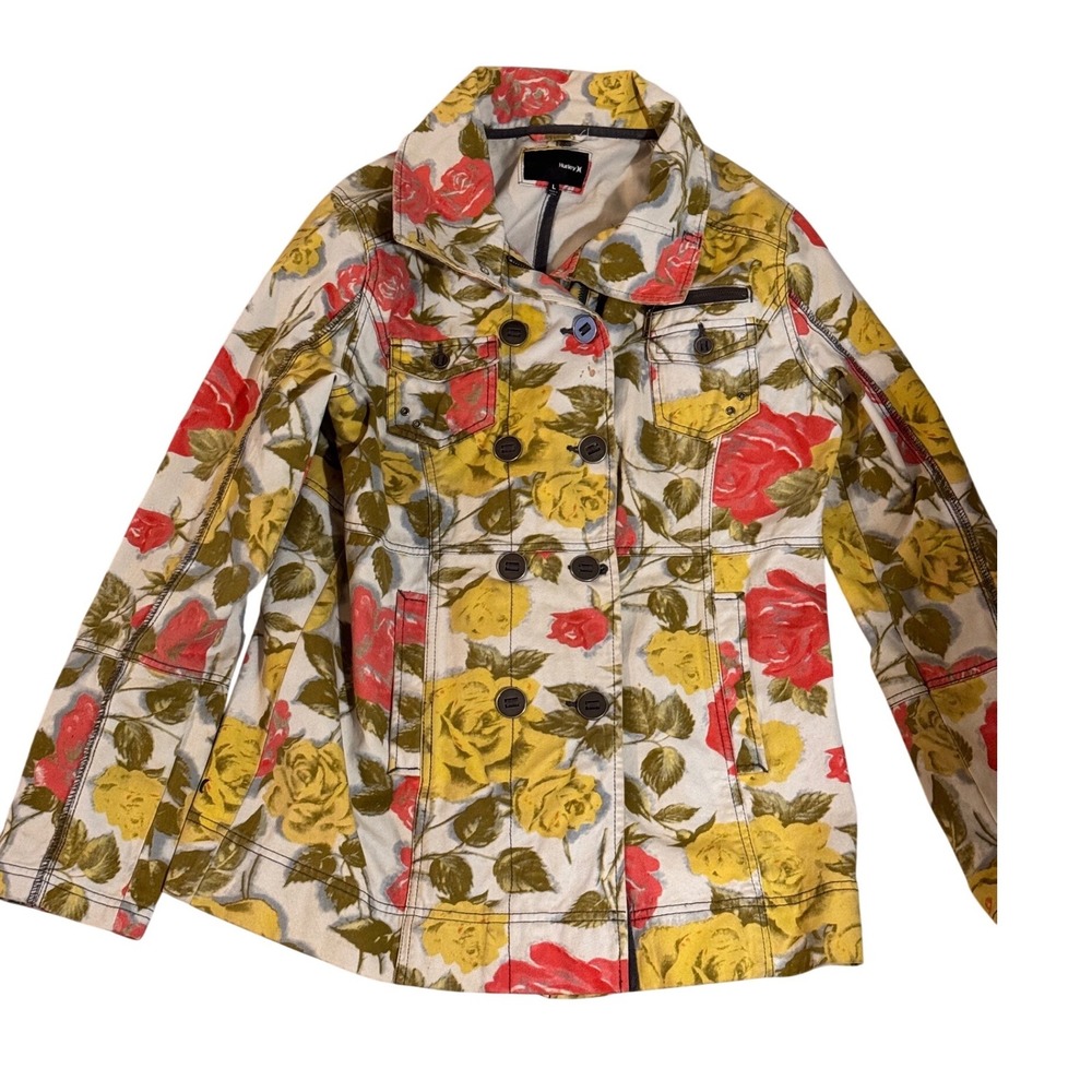 Hurley Womens Floral Denim Jacket Red Yellow Rose Double Breasted Utility Coat L - Picture 1 of 6